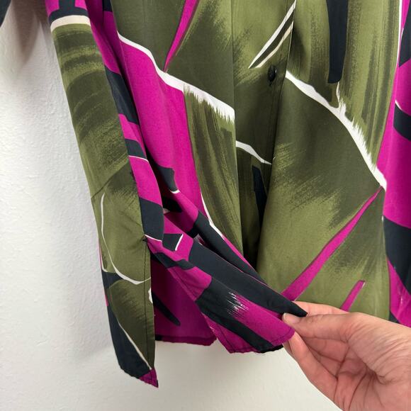 Rafaella Vintage Olive Green & Fuchsia Palm Print Short Sleeve Button Up Blouse - Picture 6 of 9